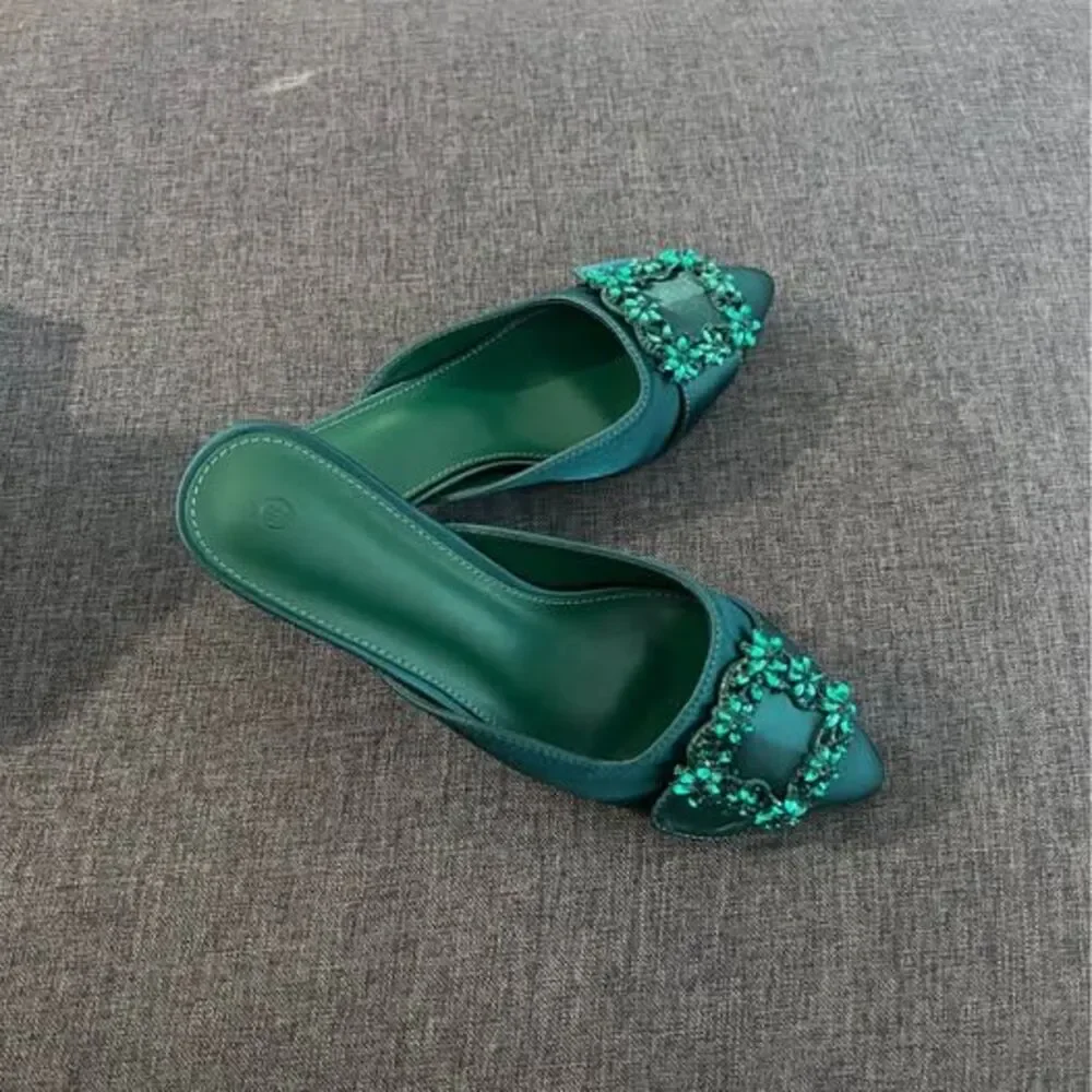 Womens Kitten Mules Sandal Party Wedding Pumps Green/Black/Khaki/Rose Red